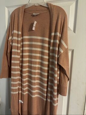 LOFT Outlet Tan and White Striped Open-Front Cardigan